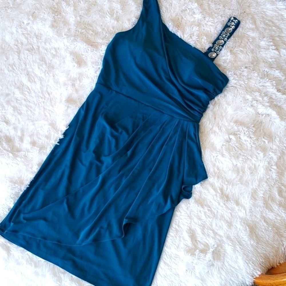 SCARLETT midi dress rhinestone shoulder cocktail dress green/blue size 8